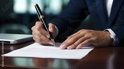 Businessman in suit signing a document after reading the agreement or contract terms of conditions in office. executive manager involved in legal paperwork. document agreement. photo