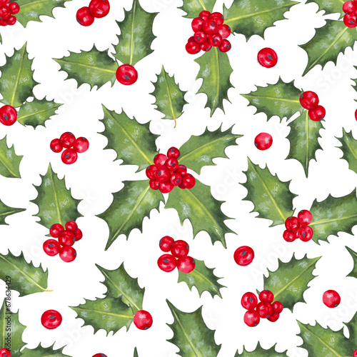 Christmas seamless pattern with holly red berries green leaves..Festive background for winter holidays New Year Christmas.For wrapping paper  fabric  cards.Markers and watercolor.Hand drawn isolated.
