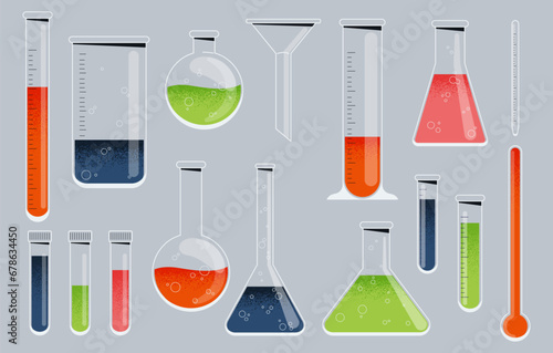 Chemistry glass. Laboratory glassware with test tube beaker flask pipette erlenmeyer flask, science instrument collection. Vector set photo