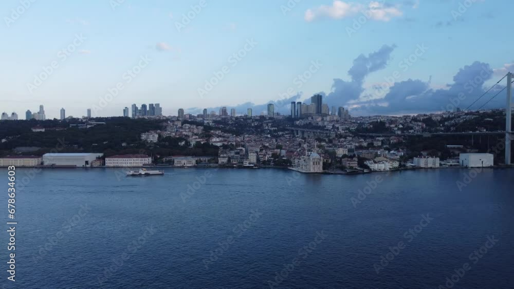 Aerial top drone view of street life next to Ortaköy mosque Aerial top drone view of street life next to Ortaköy mosque