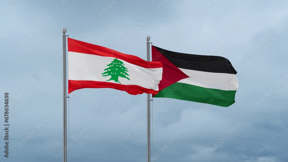 Palestine and Gaza Strip flag and Lebanon flag waving together on blue sky, looped video Palestine and Gaza Strip flag and Lebanon flag waving together on blue sky, looped video
