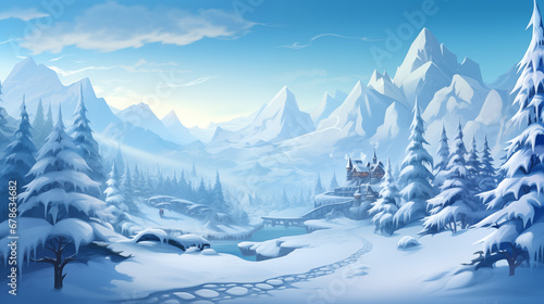 Fantasy scene game background with winter landscape. Aspect ratio 16:9.