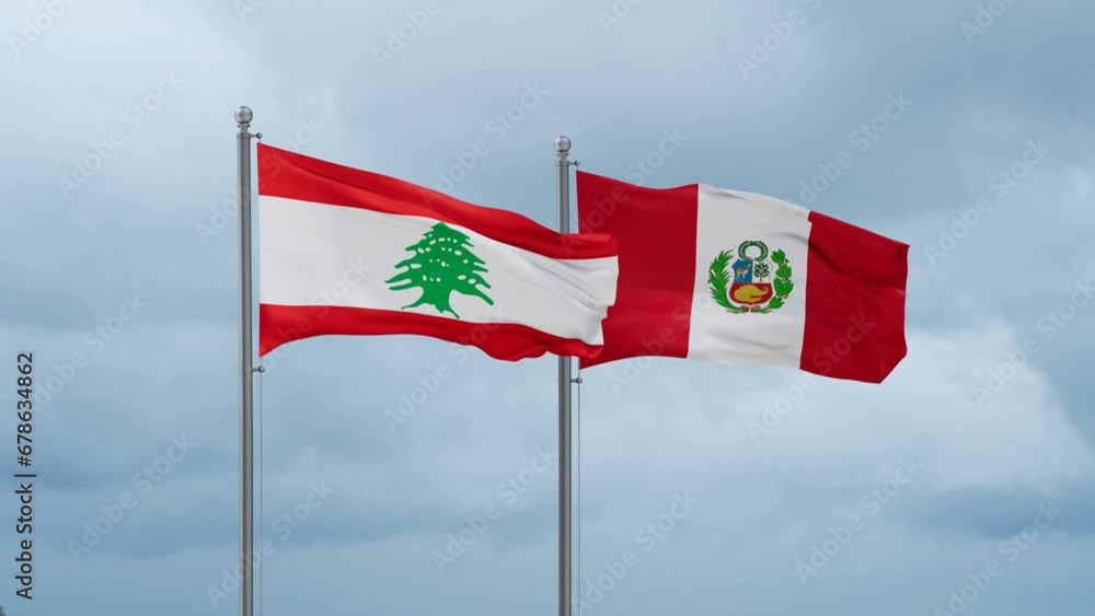 Peru and Lebanon flag waving together on cloudy sky, endless seamless loop, two country cooperation concept Peru and Lebanon flag waving together on cloudy sky, endless seamless loop, two country cooperation concept
