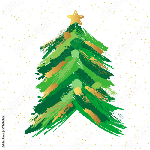 Beautiful greeting card, modern design. Merry Christmas and Happy New Year greetings. X mas tree with trendy brushing strokes, golden star and snow. Decorative concept. Square postcard. Holiday icon.