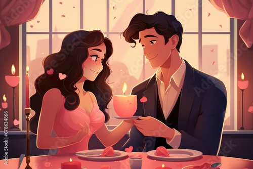 illustration of animated couple in love having dinner in romantic setup in night with roses   heart   made with AI  