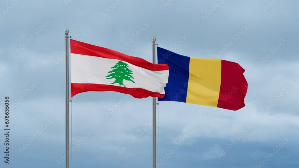 Romania and Lebanon flag waving together on cloudy sky, endless seamless loop, two country cooperation concept Romania and Lebanon flag waving together on cloudy sky, endless seamless loop, two country cooperation concept