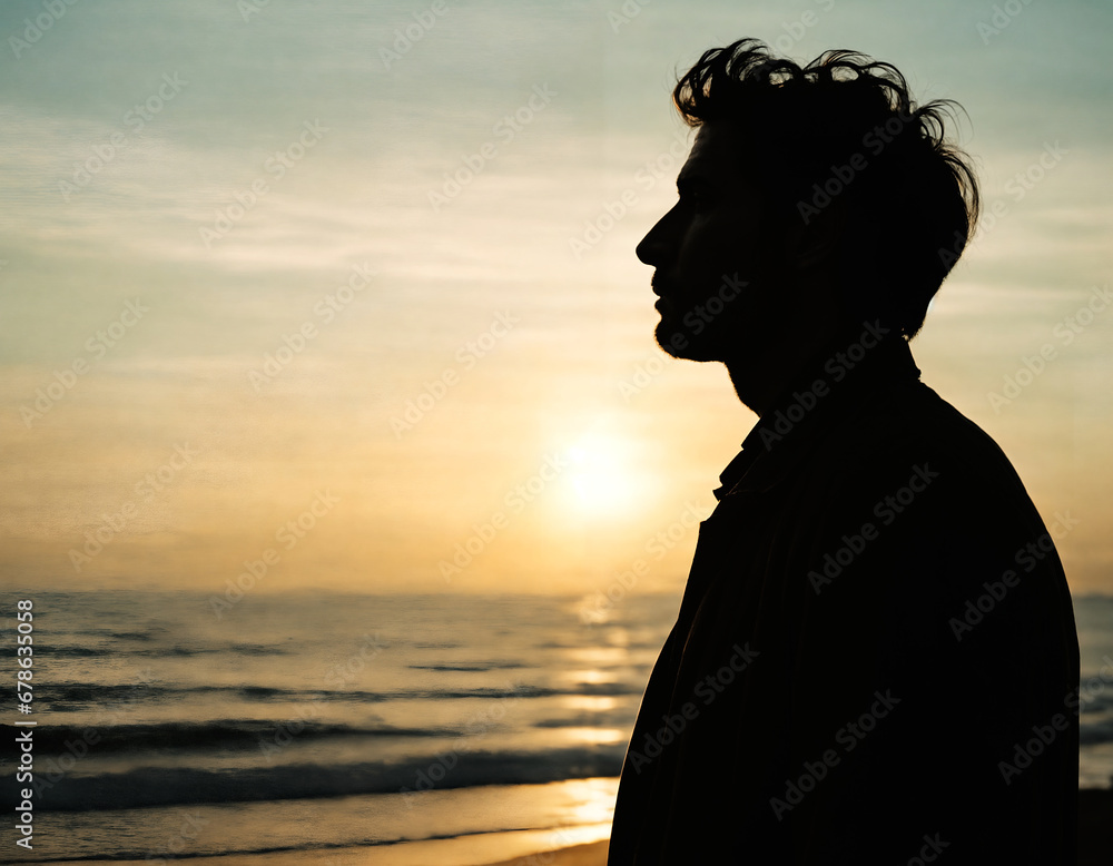 Silhouette of a person looking out towards the sea during sunset. Concepts of solitude and serenity.