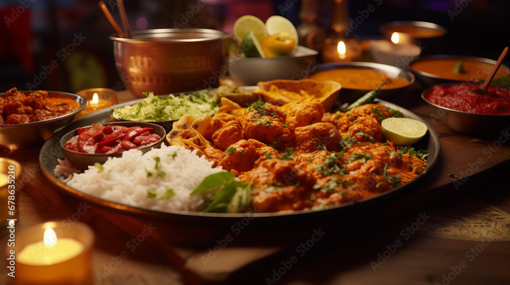 Assorted indian food on  restaurant table. Indian cuisine