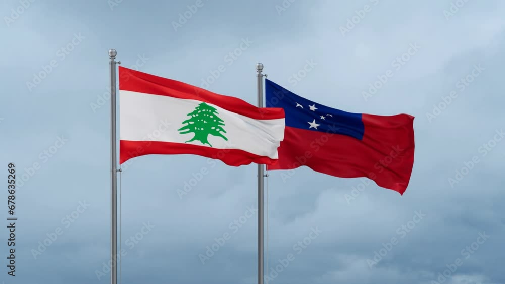 Samoa and Lebanon flag waving together on cloudy sky, endless seamless loop, two country cooperation concept Samoa and Lebanon flag waving together on cloudy sky, endless seamless loop, two country cooperation concept