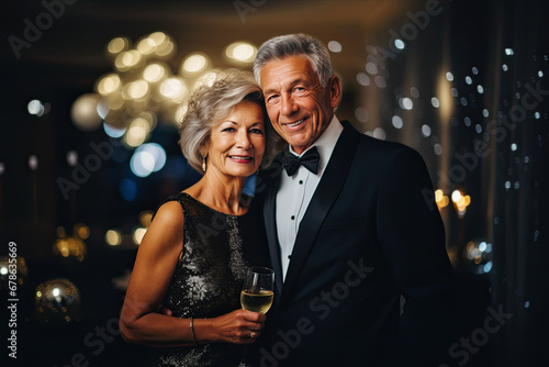 pareja de la tercera edad en traje elegante de fiesta brindando sobre fondo de local desenfocado photo