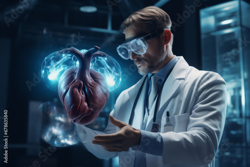 A doctor uses a virtual reality headset and augmented reality in medicine to conduct research, study the human heart. 
