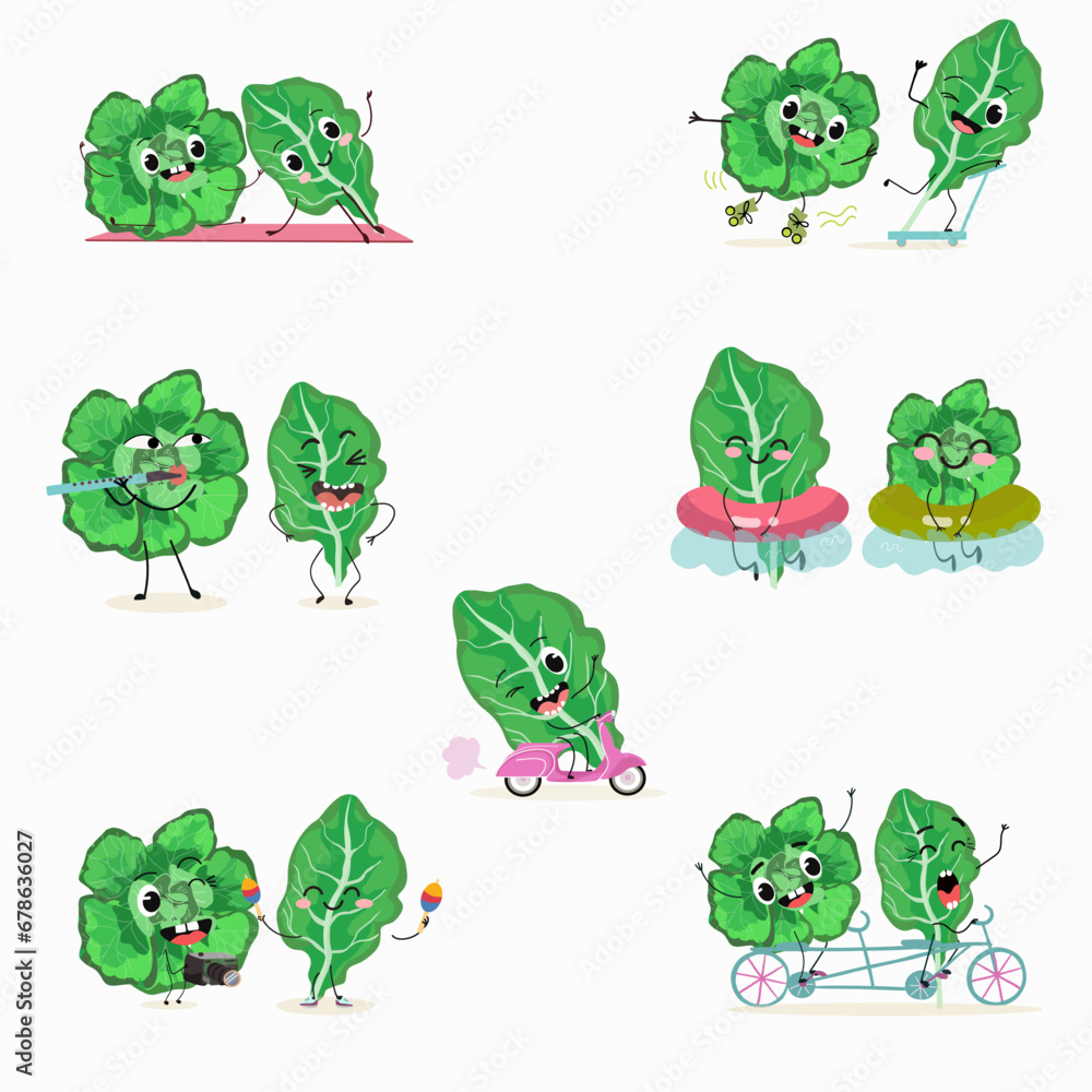 Obraz premium Vector set of funny fresh vegetarian ute spinach character on a white background. Healthy food. Vegetarianism. Lettuce leaves. Sorrel. Characters doing sports, playing musical instruments.