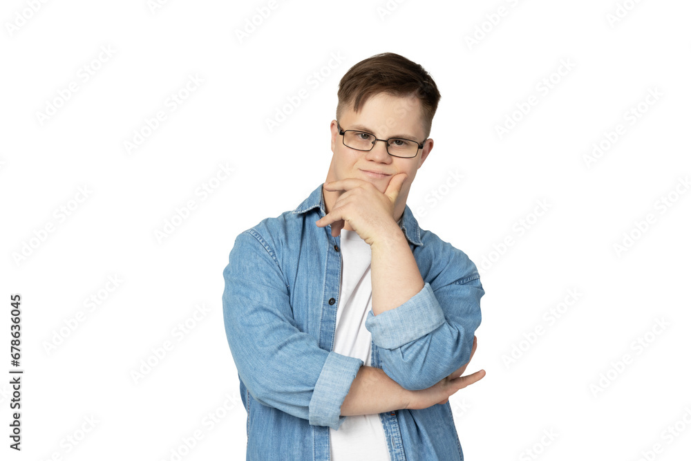 PNG,smiling young man with down syndrome in glasses, jeans and white t-shirt posing for camera,isolated on white background