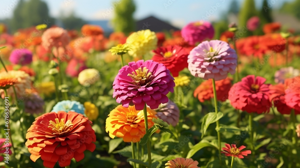 A field of vibrant zinnias in various shades and sizes, creating a lively and cheerful display of natural diversity. A field of vibrant zinnias in various shades and sizes, creating a lively and cheerful display of natural diversity.