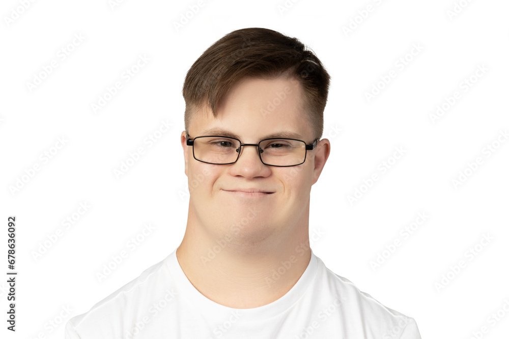 PNG,smiling young man with down syndrome in a white t-shirt poses for the camera,isolated on white background PNG,smiling young man with down syndrome in a white t-shirt poses for the camera,isolated on white background