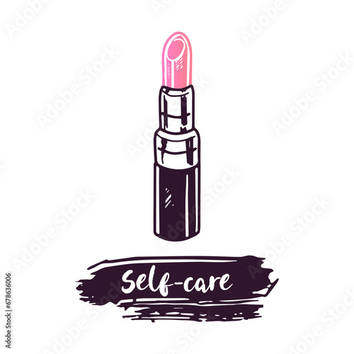 Hand-drawn lipstick, beauty cosmetic element, self care. Illustration for beauty salon, cosmetic store, makeup design. Doodle sketch style.