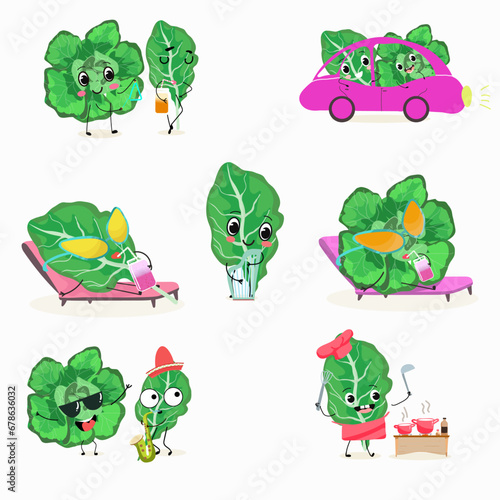 Vector set of funny fresh vegetarian ute spinach character on a white background. Healthy food. 
Vegetarianism. Lettuce leaves. Sorrel. Characters doing sports, playing musical instruments.