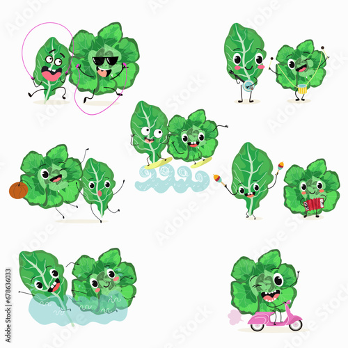 Vector set of funny fresh vegetarian ute spinach character on a white background. Healthy food. Vegetarianism. Lettuce leaves. Sorrel. Characters doing sports, playing musical instruments.
