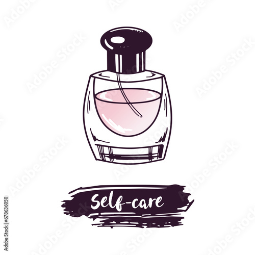 Hand-drawn perfume bottle, beauty cosmetic element, self care. Illustration for beauty salon, cosmetic store, makeup design. Doodle sketch style.