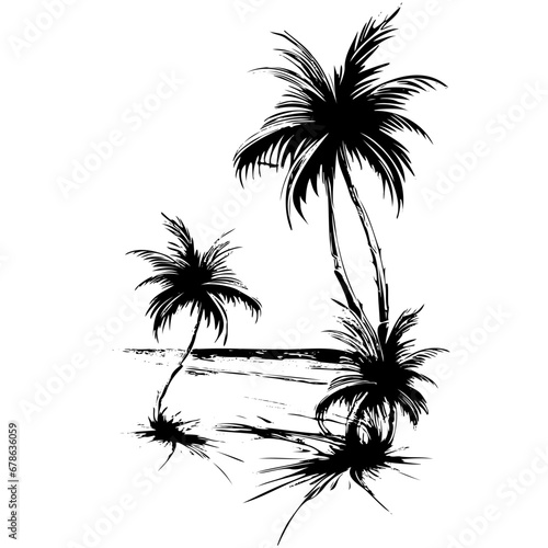 Tropical palm trees with leaves, mature and young plants, black silhouettes isolated on white background. Sketch design.