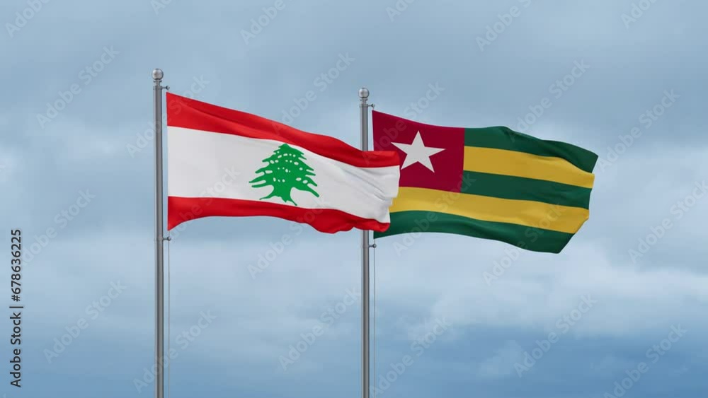 Togo, Togolese Republic and Lebanon flag waving together on cloudy sky, endless seamless loop, two country cooperation concept Togo, Togolese Republic and Lebanon flag waving together on cloudy sky, endless seamless loop, two country cooperation concept