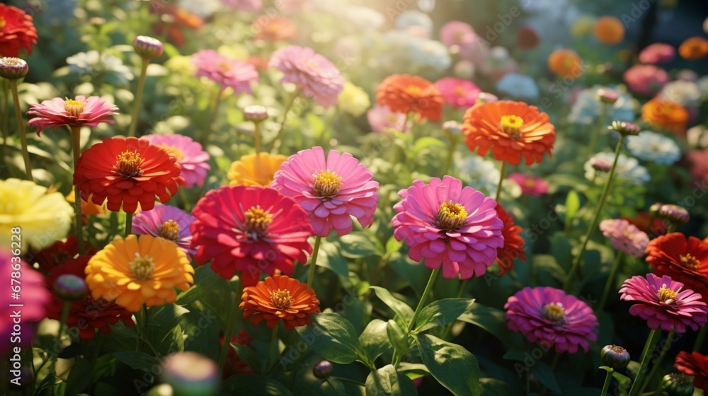 Obraz premium A field of vibrant zinnias in various shades and sizes, creating a lively and cheerful display of natural diversity.