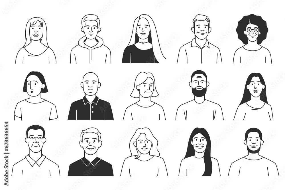 Doodle people. Cartoon human characters with different emotions and gestures, group of hand drawn multicultural people. Vector set - obrazy, fototapety, plakaty 