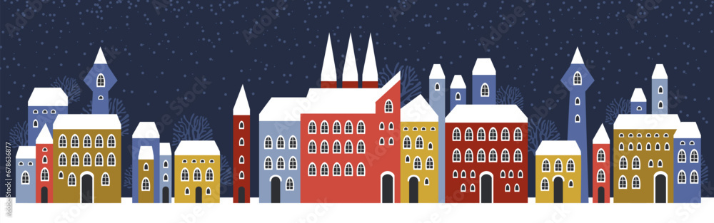 Cute Christmas and winter houses. Snowy night in cozy Christmas town city panorama. Winter village night landscape Christmas outdoor decorations.