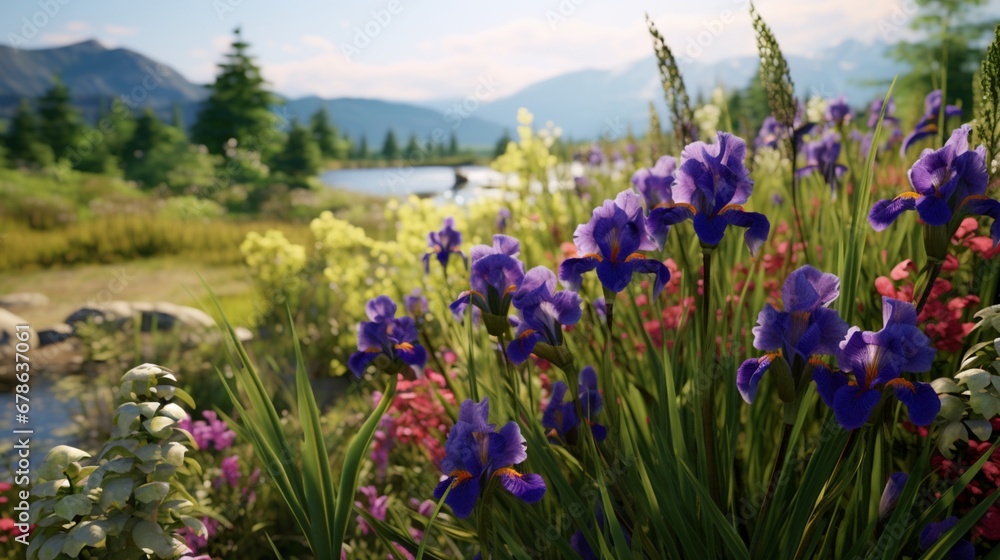 Obraz premium A field of wild irises, their striking purple and yellow blossoms adding a touch of elegance to a countryside landscape.