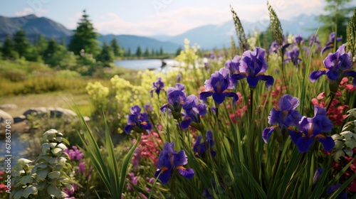 A field of wild irises  their striking purple and yellow blossoms adding a touch of elegance to a countryside landscape.