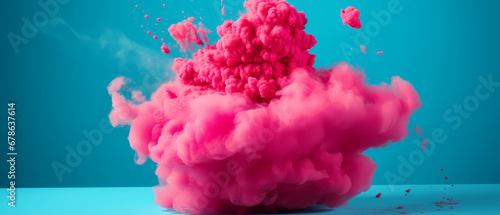 Puffs of pink smoke in front of a blue background stock photo, in the style of bold color blobs, resin, juxtaposed imagery, realistic hyper 