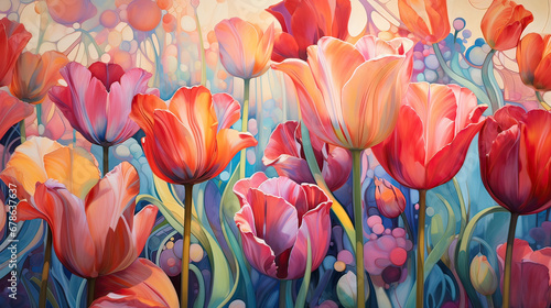 Vibrant tulips rhythmically swaying in a dreamlike, time-warped field AI generative