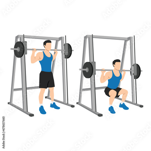 Man doing smith machine barbell squat exercise. Flat vector illustration isolated on white background