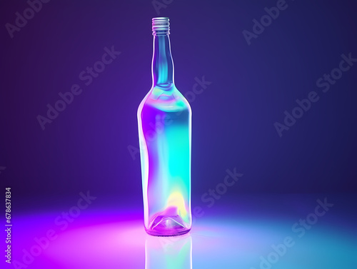 White champagne bottle with colorful ultraviolet holographic neon lights. Creative concept. 