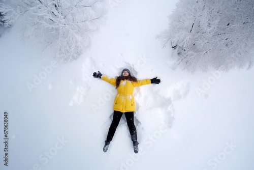 Young woman lies in the snow and makes a snow angel, arieal view photo
