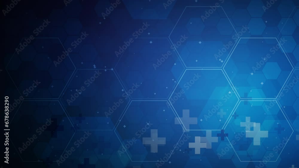 Dark blue background with hexagons and medical crosses. Looped animation of health care. Dark blue background with hexagons and medical crosses. Looped animation of health care.