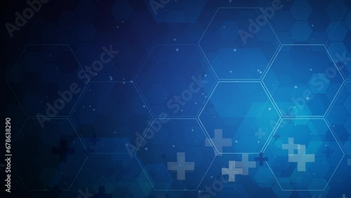 Dark blue background with hexagons and medical crosses. Looped animation of health care.