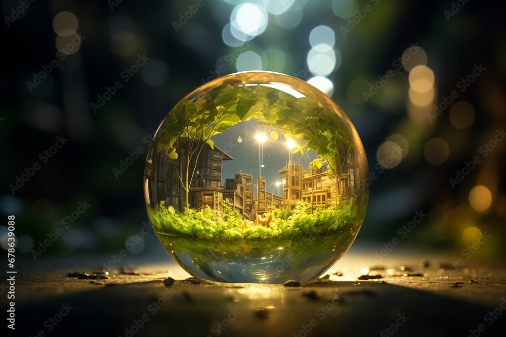 There are green plants inside the glass ball, urbanization and environmental change, urban greening, symbolizing nature, environment, sustainability, ESG and climate change awareness, water ball