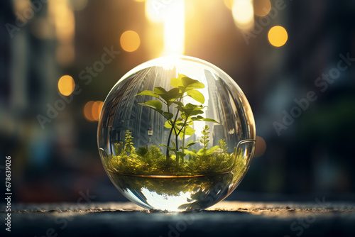 There are green plants inside the glass ball, urbanization and environmental change, urban greening, symbolizing nature, environment, sustainability, ESG and climate change awareness, Arbor Day