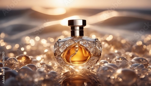 Luxury jewelry perfume still life picture, surrounded by water waves, product promotion