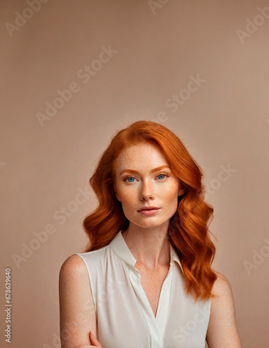 Portrait of redhead mature woman model. Ginger adult female. Perfect skin with freckles. Advertising. Studio shot for advert, ads. Fashion, makeup, skincare, jewelery. Web resource in plain background