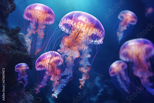 Jellyfish with neon lighting. Underwater world. Aquarium with jellyfish.  © Yuliia