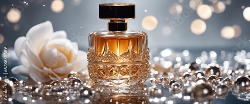 Luxury jewelry perfume still life picture, surrounded by water waves, product promotion photo