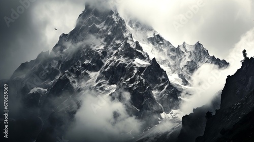 Majestic Mountain Peaks Veiled by Clouds in a Dramatic Monochrome Landscape Scene © SK