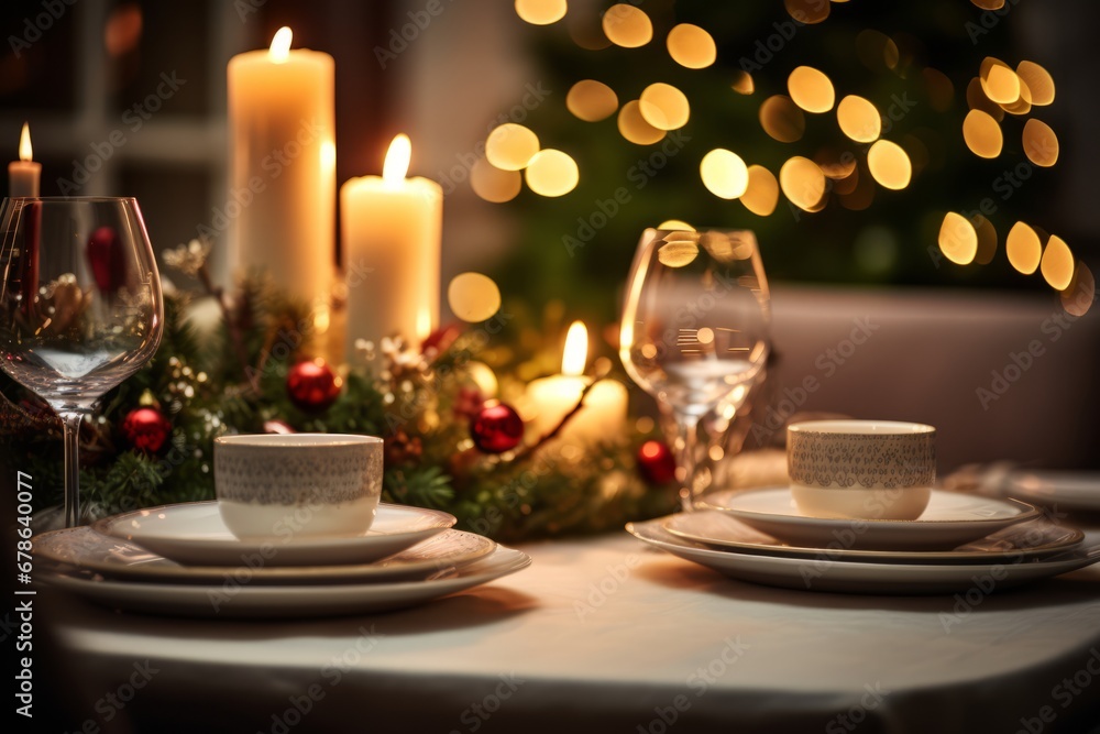 A Festive Christmas Table Set with Candles and Dishes A Festive Christmas Table Set with Candles and Dishes