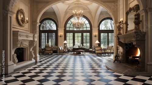  spain style, classic stone fireplace, beige doors, checkerboard marble flooring, arched windows, 16:9