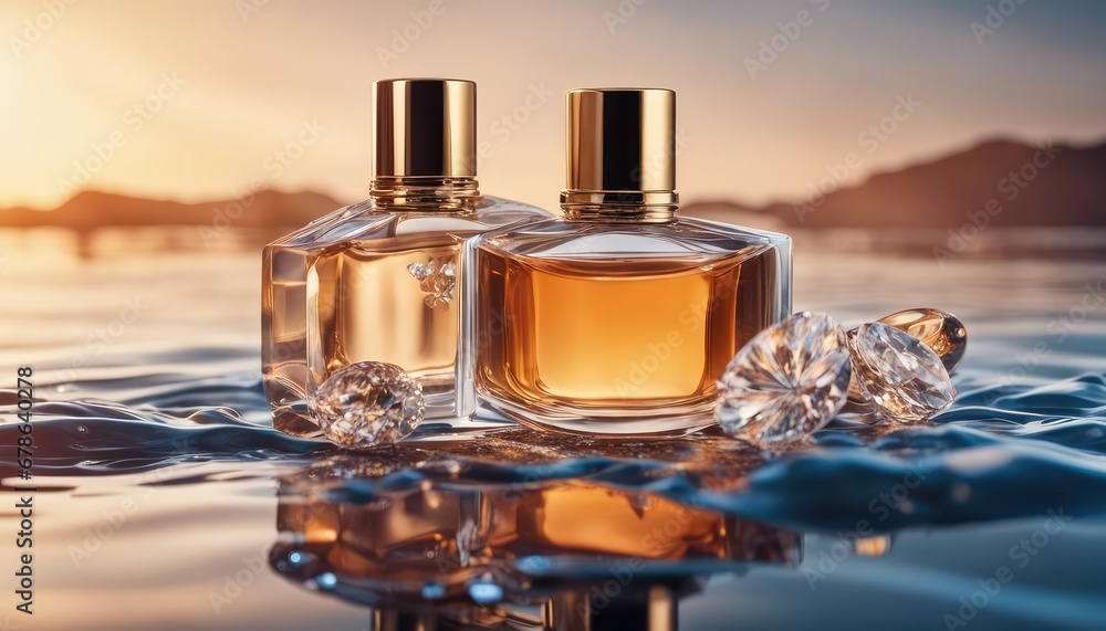 Luxury jewelry perfume still life picture, surrounded by water waves, product promotion Luxury jewelry perfume still life picture, surrounded by water waves, product promotion