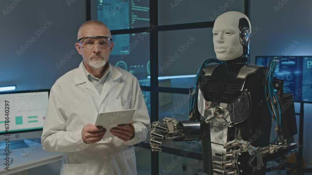 Medium portrait of mature Caucasian engineer in white lab coat holding digital tablet while posing for camera with humanoid robot in dark laboratory Medium portrait of mature Caucasian engineer in white lab coat holding digital tablet while posing for camera with humanoid robot in dark laboratory