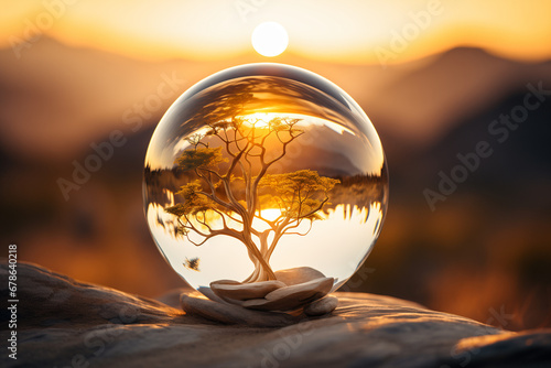 Glass ball with plants inside, surrounded by desert, land desertification, symbolizing protection of nature, environment, sustainable development, ESG and climate change awareness, Arbor Day