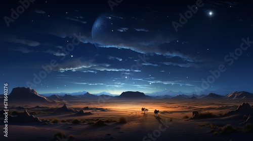 moonlit night in the sahara desert, with endless sand dune, camel caravan, copy space, 16:9